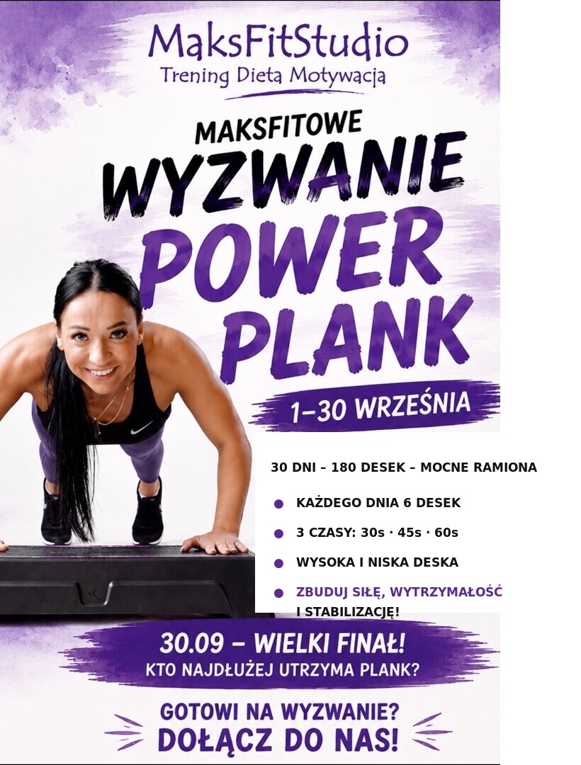 Plakat MaksFitStudio zapraszający do wyzwania Power Plank trwającego od 1 do 30 września